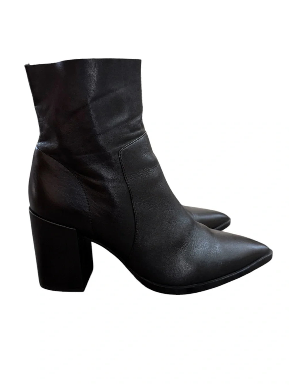 Tony Bianco Brazen Black Luxe Leather Ankle Boots 7.5 Pointed Toe Block Heel